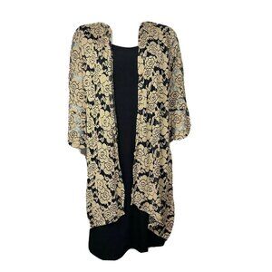 Haani‎ Dress Womens Size L Large Black Tan Floral Lace Bell Sleeve Layered Look